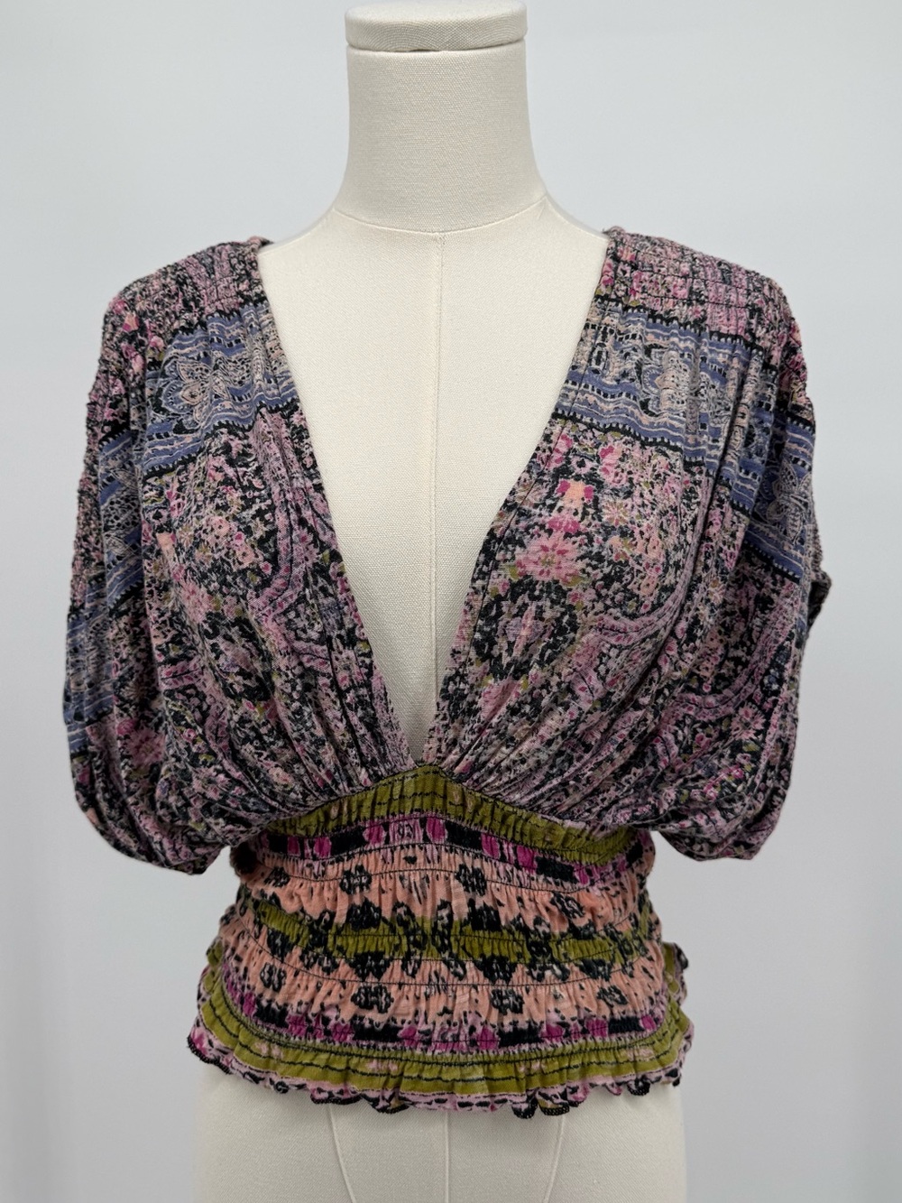 Free People Pink Floral Paisley V-Neck Smocked Waist Top